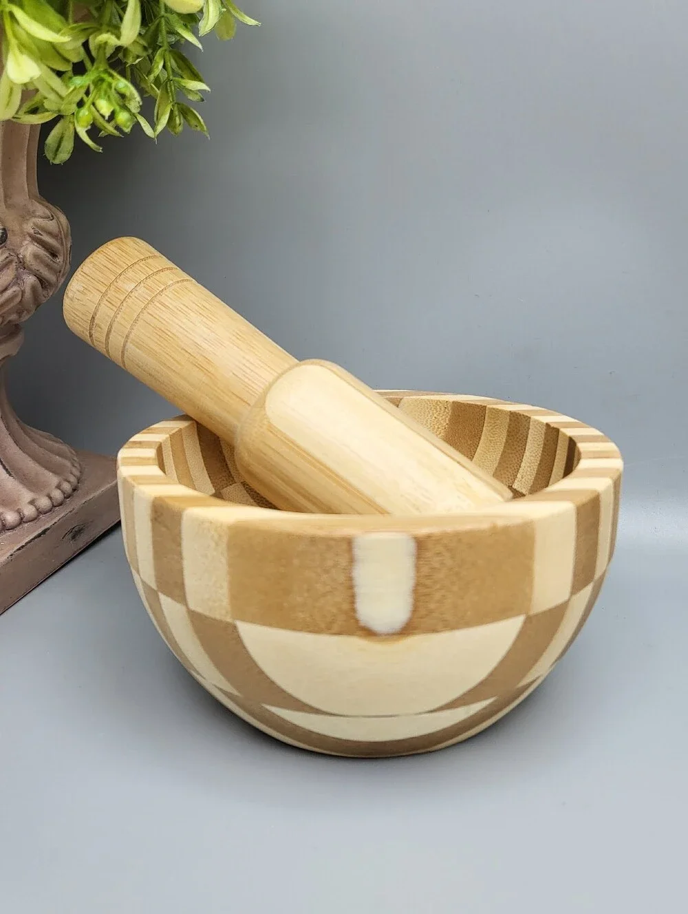 Natural Bamboo Mortar and Pestle - Two-Tone Wood Modern Organic Primitive Art